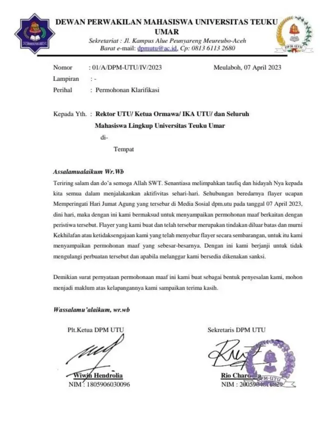 Surat permintaan maaf yang diunggah oleh DPM UTU satu hari setelah unggahan mereka terkait Jumat Agung viral.