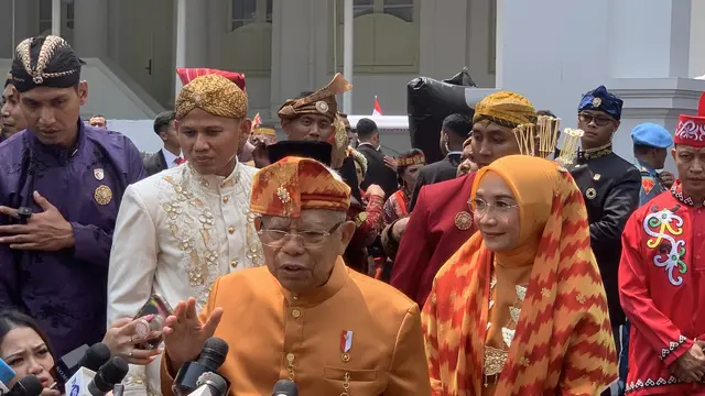 Wakil Presiden (Wapres) Ma’ruf Amin usai menghadiri Peringatan Hari Ulang Tahun (HUT) Ke-79 Kemerdekaan Republik Indonesia di Istana Merdeka, Jakarta.