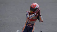 Selebrasi pembalap Repsol Honda, Marc Marquez usai menang pada MotoGP Jerman 2018 di Sirkuit Sachsenring. (Twitter/HRC_MotoGP)