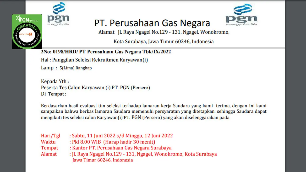 Tangkapan layar klaim hoaks surat pemanggilan seleksi karyawan PGN