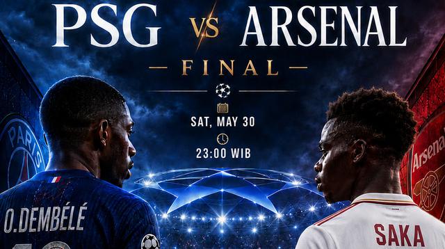 Cover prediksi final Liga Champions Paris Saint-Germain Vs Arsenal. (Bola.com/AI Generated)