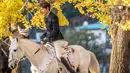 Gaya Lee Min Ho satu ini dianggap netizen seperti pangeran berkuda. Ia terlihat tampil menawan saat menaiki kuda putih. (Liputan6.com/IG/@anstagram_._)