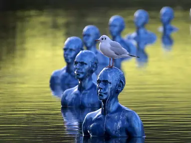 Seekor burung berdiri diatas patung karya seniman Argentina Pedro Marzorati di taman Montsouris, Perancis, (26/11). Instalasi seni ini dipasang untuk menjelang KTT Iklim COP21 di Paris. (REUTERS/Christian Hartmann)