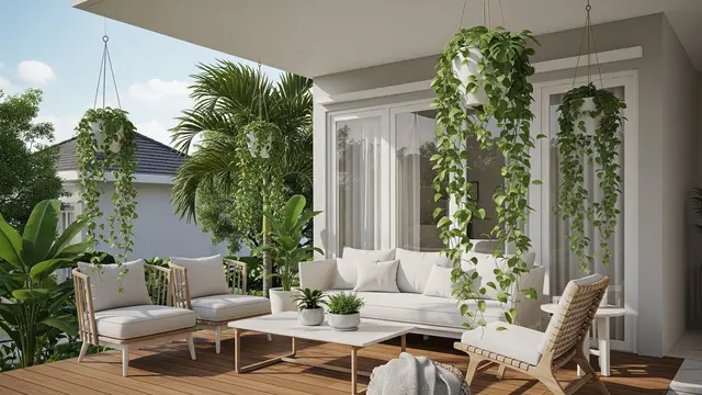 Teras Tinggi Bergaya Skandinavia dengan Tanaman Monstera Mini