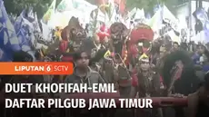 Pendaftaran pasangan bakal calon Gubernur Khofifah Indar Parawansa dan Emil Elestianto Dardak di Pilkada Jawa Timur 2024 berlangsung meriah. Simpatisan dari 15 partai politik pengusung ikut mengarak pasangan Khofifah-Emil ke KPU.