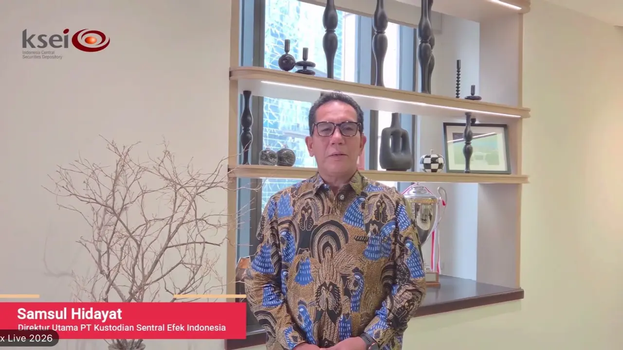 Direktur Utama PT Kustodian Sentral Efek Indonesia, Samsul Hidayat,  dalam Pembukaan Public Expose Live 2026, Selasa (9/6/2026). (Liputan6.com/Tira)