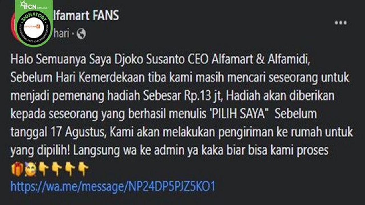 Gambar Tangkapan Layar Kabar Hoaks Alfamart dan Alfamidi Bagikan Uang Rp 13 Juta Rayakan HUT Kemerdekaan RI (sumber: Facebook).