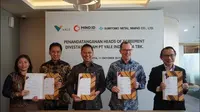 Mining Industry Indonesia (MIND ID) dan PT Vale Indonesia Tbk (PTVI) bersama dengan para pemegang sahamnya, Vale Canada Limited (VCL) dan Sumitomo Metal Mining Co., Ltd. (SMM) menandatangani Perjanjian Pendahuluan untuk mengambil alih 20 persen saham divestasi PTVI. (Dok. MIND ID)