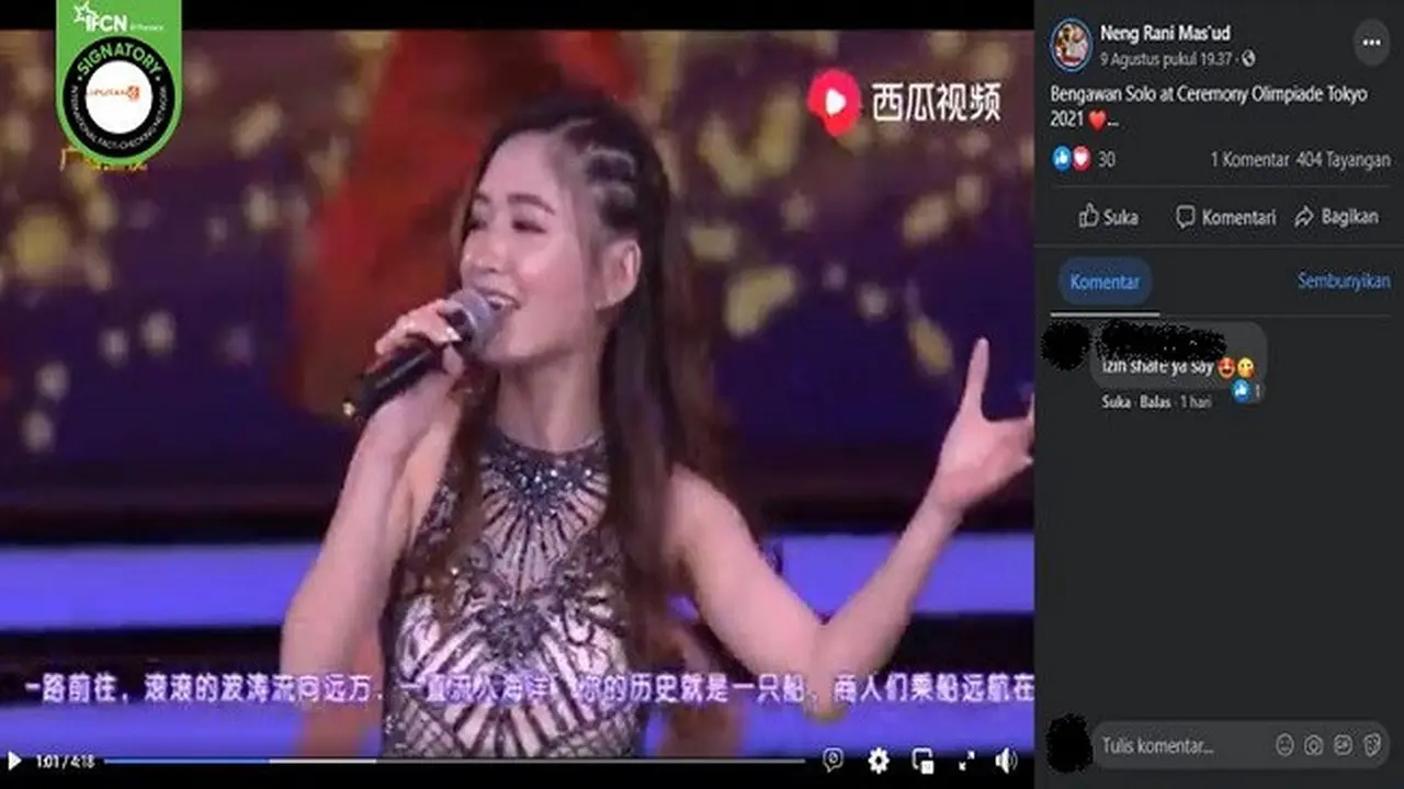 Gambar Tangkapan Layar Video yang Diklaim Penyanyi Membawakan Lagu Bengawan Solo Saat Olimpiade Tokyo 2021 (sumber: Facebook).