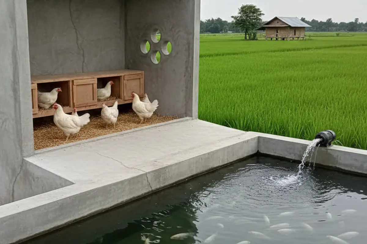 Desain Kandang Ayam di Atas Kolam, AI