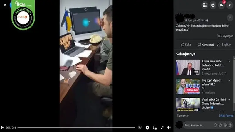 Gambar Tangkapan Layar Video yang Diklaim Ada Kokain di Meja Kerja Presiden Ukraina Volodymyr Zelensky (sumber: Facebook).