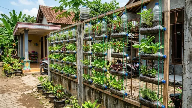Desain Kebun Mini di Pagar Rumah Pakai Botol Plastik (AI Generated)