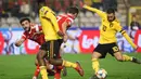 Aksi Eden Hazard melepaskan tembakan pada laga perdana Kualifikasi Piala Eropa 2020 Grup I yang berlangsung di Stadion Roi Baudouin, Brussels, Jumat (22/3). Belgia menang 3-1 atas Rusia. (AFP/John Thys)