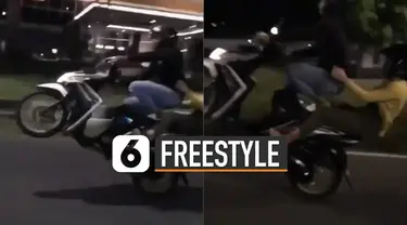 Aksi berbahaya dilakukan oleh pengendara motor ini karena melakukan freestyle di jalanan. Pengendara tersebut terdiri dari satu pria dan satu wanita.