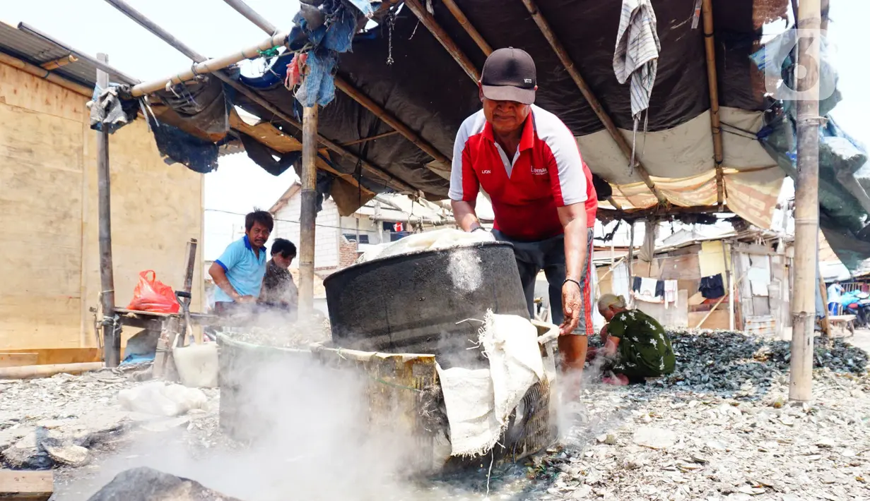 Pekerja menyelesaikan proses perebusan kerang hijau di Kawasan Dadap, Kecamatan Kosambi, Kabupaten Tangerang, Rabu (22/9/2021). Kerang hijua tersebut dijual dengan harga Rp 20 ribu per kilogramnya di wilayah Tangerang Raya.. (Liputan6.com/Angga Yuniar)
