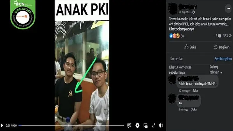 Gambar tangkapan layar foto yang diklaim putra Presiden Jokowi, Kaesang Pangarep mengenakan kaos berlogo palu arit. (sumber: Facebook)