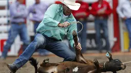 Clint Robinson dari Spanyol Fork, Utah, membalik anak sapi saat tampil di hari ketiga rodeo Calgary Stampede di Alberta, Kanada, (6/7/2014). (REUTERS/Todd Korol)