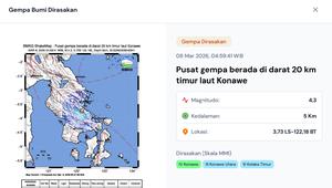 Gempa hari ini di akhir pekan, Minggu (8/3/2026) menggetarkan pukul 04:59:41 WIB di wilayah Konawe, Provinsi Sulawesi Tenggara. (www.bmkg.go.id)