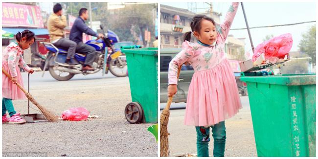 Xia Meiling yang ikut bersih-bersih menyapu jalanan. | Foto: copyright shanghaiist.com