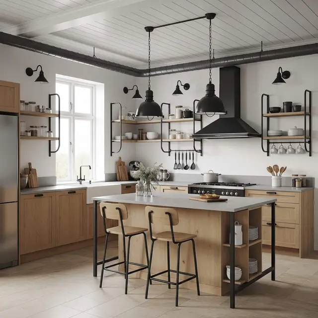 Desain Dapur Industrial dengan Kombinasi Kayu dan Besi