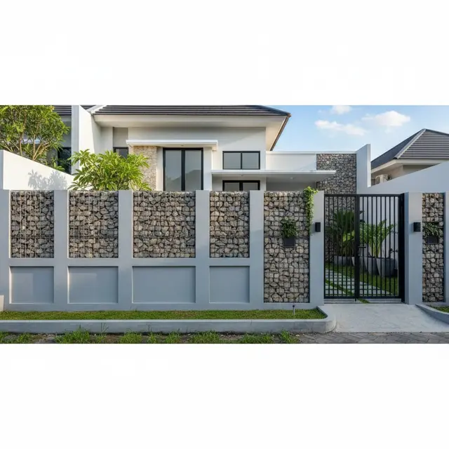 Pagar kisi besi dengan Gabion Aksen (Gemini AI)