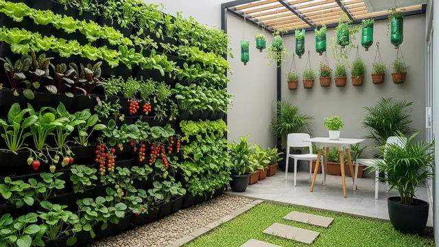 Model Desain Halaman Belakang Rumah Kecil dengan Pot Gantung Sayur dan Tanaman Rempah/ Ilustrasi AI