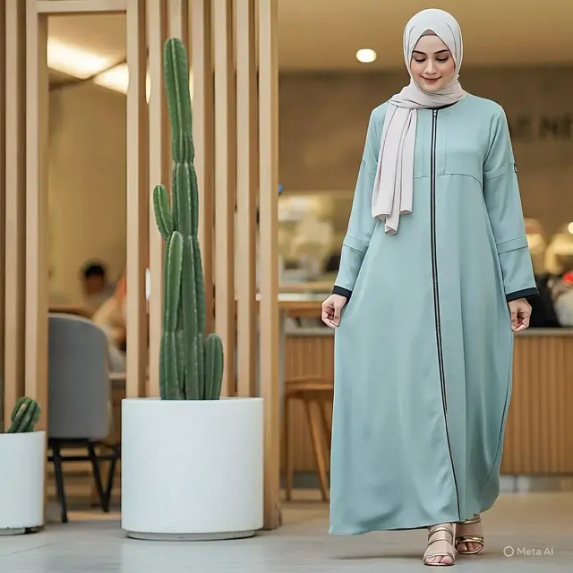 Dress Abaya Minimalis dengan Aksen Resleting Depan