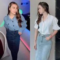 Siapa yang lebih feminin antara Aaliyah Massaid dan Sarah Menzel ketika mengenakan outfit yang mirip?