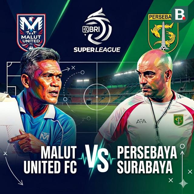 Duel pelatih Malut United vs Persebaya di BRI Super League. (Bola.com/Gemini)