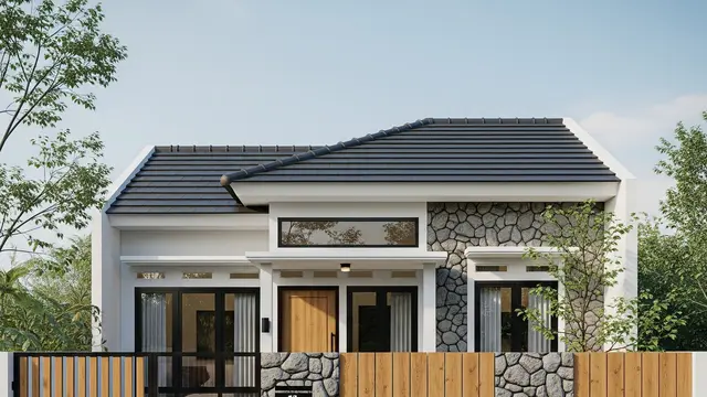 Rumah Kecil tapi Terasa Luas dengan Pagar Lisplang Kombinasi Batu Alam