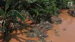 Sampah terlihat di aliran Sungai Ciliwung yang meluap di kawasan Pejaten Timur, Jakarta, Jumat (26/4). Banjir kiriman melalui Sungai Ciliwung yang berasal dari Bogor tersebut mengakibatkan sejumah wilayah di Ibukota terendam banjir. (Liputan6.com/Immanuel Antonius)