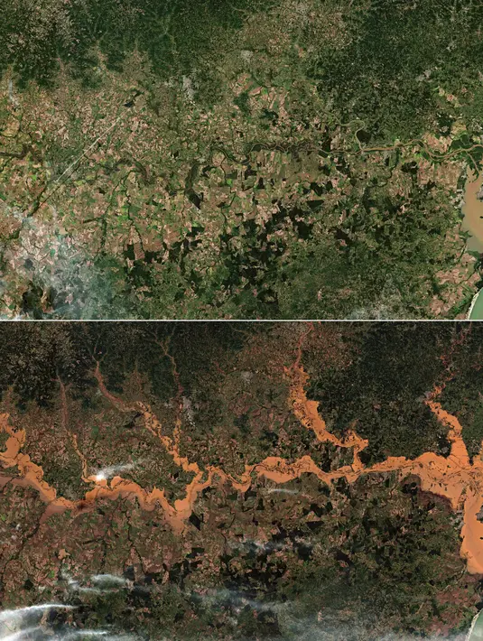 Kombinasi gambar yang dibuat pada 7 Mei 2024 ini menunjukkan gambar satelit handout milik Maxar Technologies dari Copernicus Sentinel-2 yang menunjukkan gambaran area luas sebelum banjir (atas) pada 21 April 2024, dan setelah banjir pada 7 Mei 2024 , di sepanjang Sungai Jacui, di Rio Grande Do Sul, Brasil. (Photo by Handout / Satellite image ©2024 Maxar Technologies / AFP)