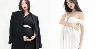 Lihat di sini beberapa potret gaya simpel berkelas Kang Sora melakukan maternity shoot dalam outfit hitam-putih.