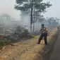 Petugas kepolisian ikut memadamkan kebakaran lahan di Kabupaten Merangin, Provinsi Jambi. (Bangun Santoso/Liputan6.com)