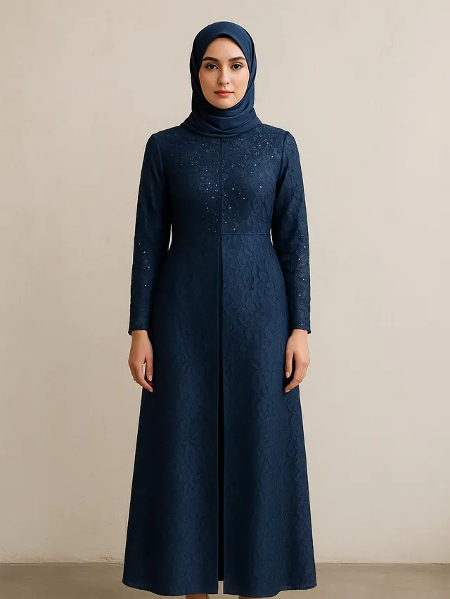 Model Gamis Brokat Belah Tengah Kombinasi Payet