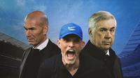Ilustrasi - Thomas Tuchel, Carlo Ancelotti, Zinedine Zidane (Bola.com/Decika Fatmawaty)