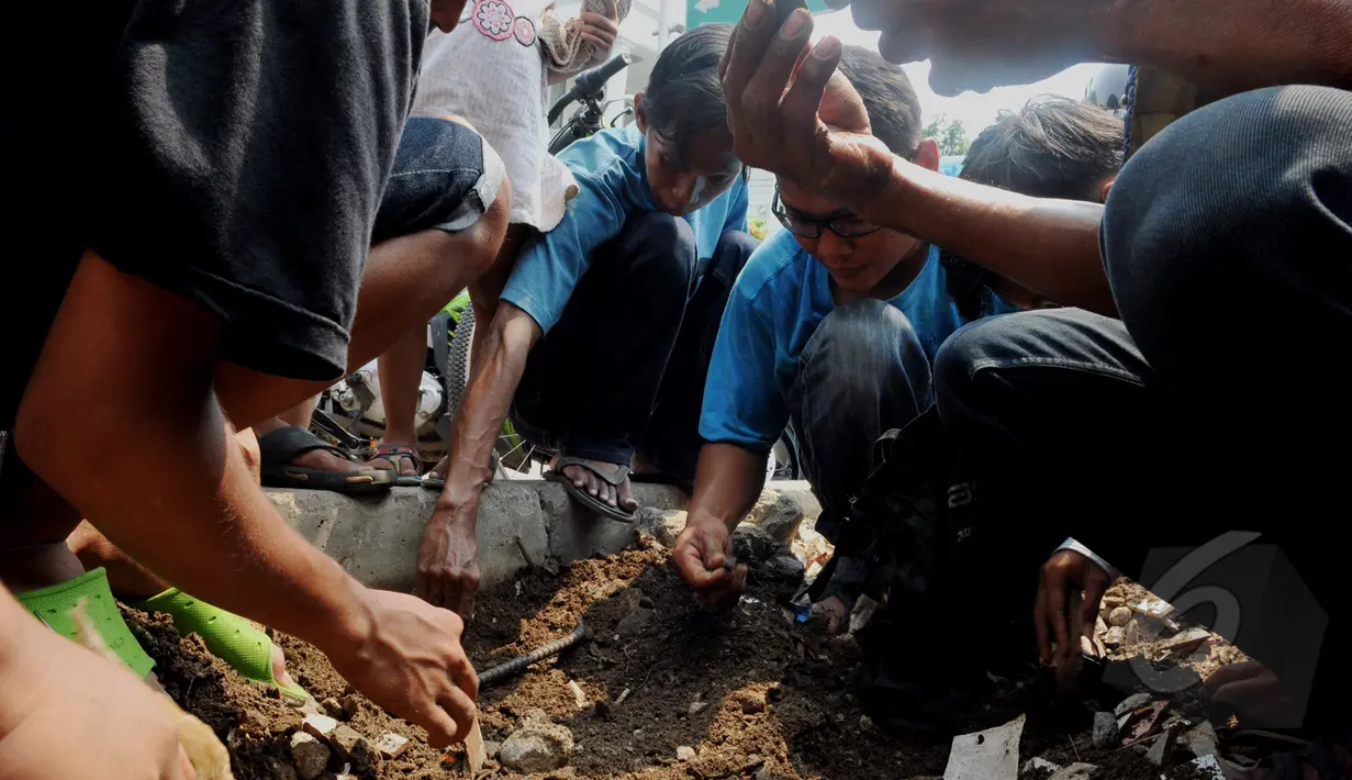 Penemuan batu yang diduga jenis giok di sebuah trotoar memicu warga yang lain untuk mencarinya, Tomang, Jakarta, Sabtu, (9/5/2015). (Liputan6.com/Andrian M Tunay)