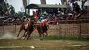 Seorang pemuda mengendarai kereta yang ditarik oleh dua ekor sapi jantan selama kompetisi balap banteng Karapan Sapi di Bangkalan, pulau Madura, Jawa Timur, Minggu (16/10/2022). Lomba karapan sapi yang memperebutkan Piala Presiden itu diikuti 24 pasang sapi dari sejumlah daerah di Madura. (Juni Kriswanto/AFP)