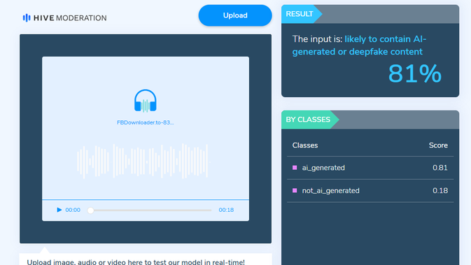 Audio dalam video klaim Wapres Gibran mengenai bantuan dana menunjukkan deepfake atau hasil AI. (Foto: tangkapan layar Hive moderation)