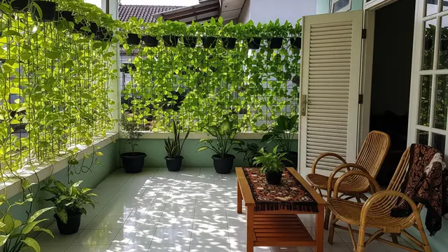 Ide Teras dengan Pagar Tanaman Sirih Gading Rambat