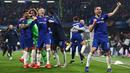 Pemain Chelsea merayakan kemenangan atas Eintracht Frankfurt di akhir laga semifinal Liga Eropa melawan di Stamford Bridge, London (10/5/2019). Chelsea berhasil melaju ke final Liga Europa setelah menang adu penalti atas Eintracht Frankfurt setelah laga berakhir imbang 1-1.  (Reuters/Hannah Mckay)