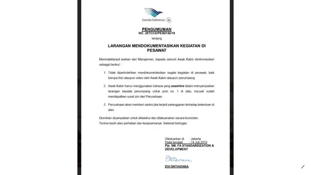 Himbauan Garuda mengenai pengambilan foto.