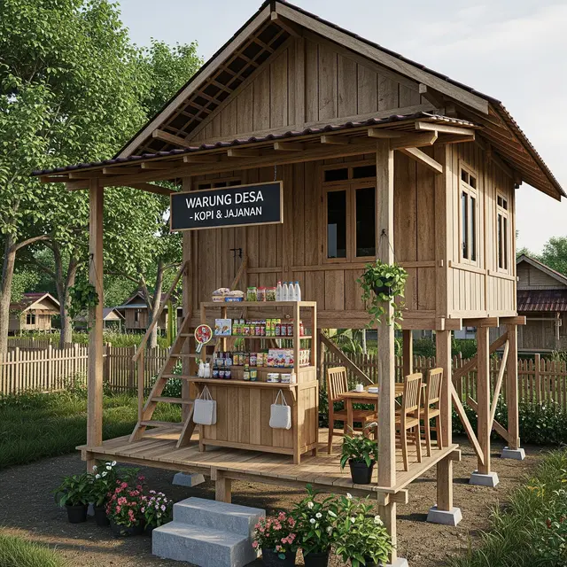 Desain Rumah di Desa Rp 50 Juta dengan Warung Kecil (Gemini AI)