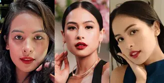 Lihat di sini eksplorasi gaya makeup Maudy Ayunda dengan pulasan lipstik merah.