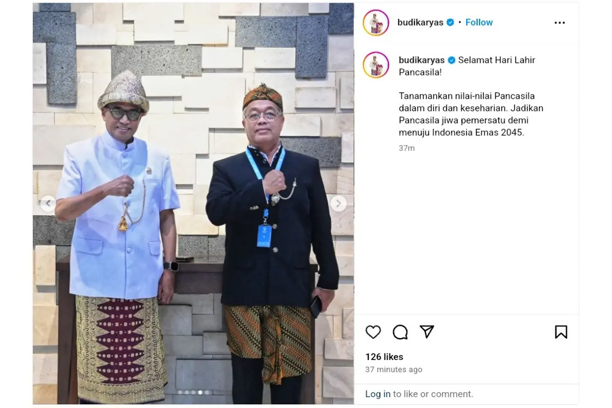 Pesan Menteri Perhubungan (Menhub) Budi Karya Sumadi saat memperingati Hari Lahir Pansasila yang dituliskannya dalam akun Instagram @budikaryas, Sabtu (1/6/2024). (Arief/Liputan6.com)