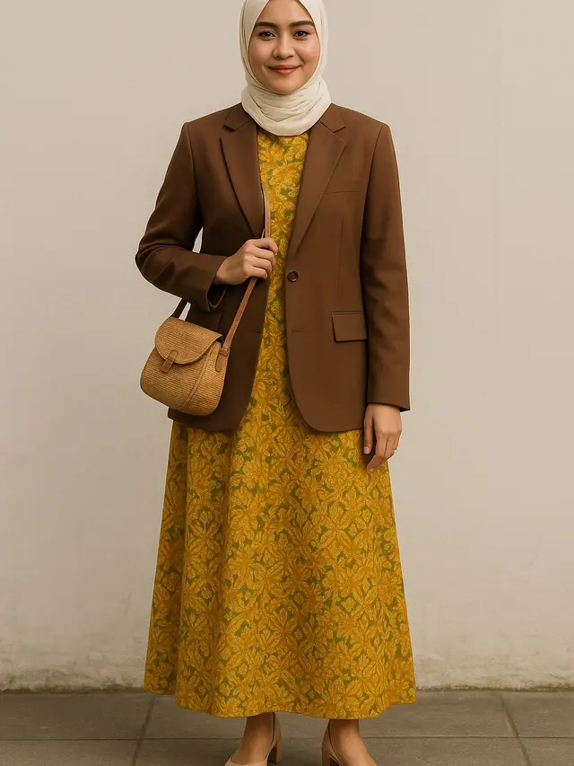 Gamis Batik dengan Blazer Polos (Foto: ChatGPT)