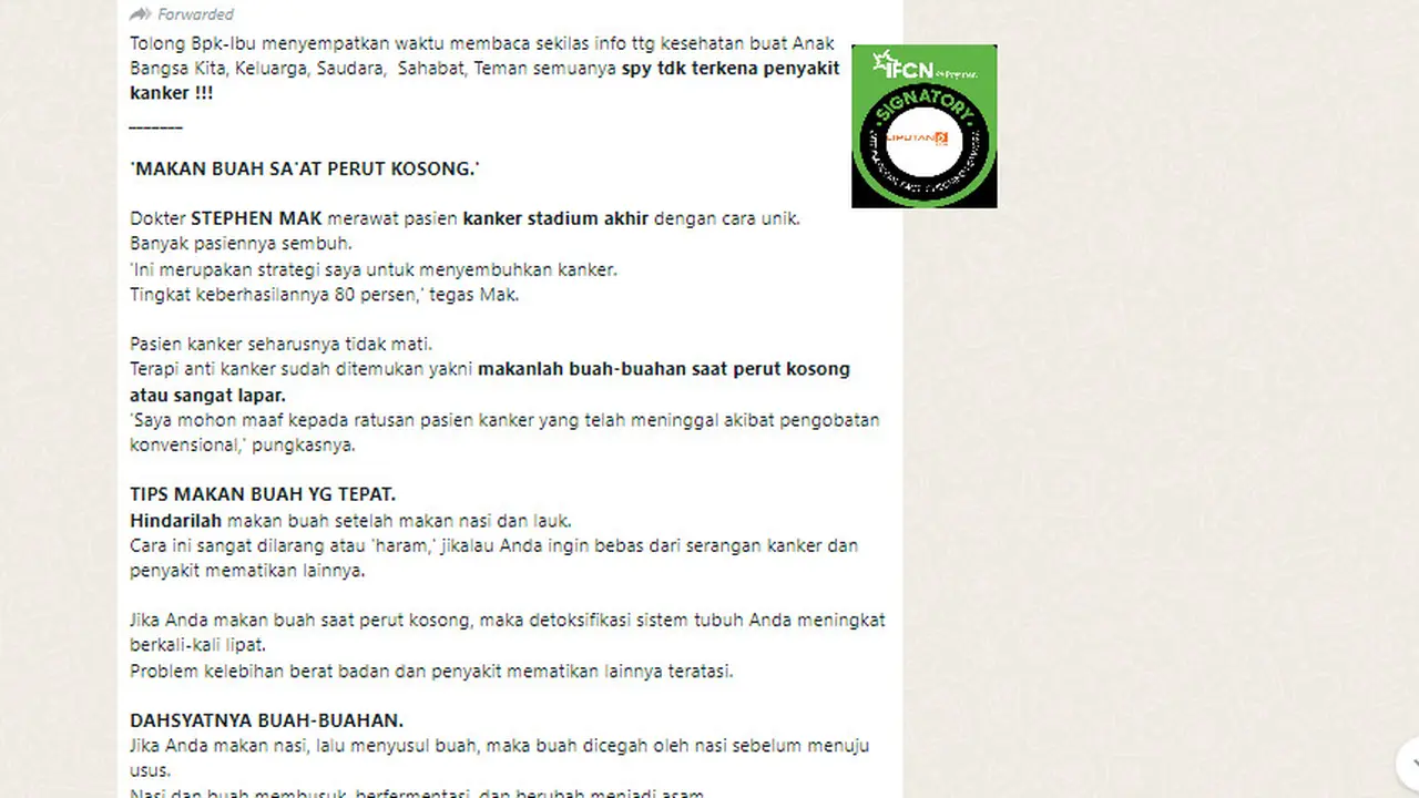 Tangkapan layar klaim makan buah saat perut kosong sembuhkan kanker.