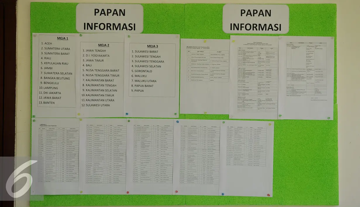 Papan informasi anggota Paskibraka tingkat nasional 2016 terlihat di Wisma-C PP-PON Menpora Cibubur, Jakarta Timur, Kamis (21/7). Calon Paskibraka nantinya juga akan di tugaskan untuk hari Kemerdekaan 17 Agustus 2016 mendatang. (Liputan6.com/Johan Tallo)