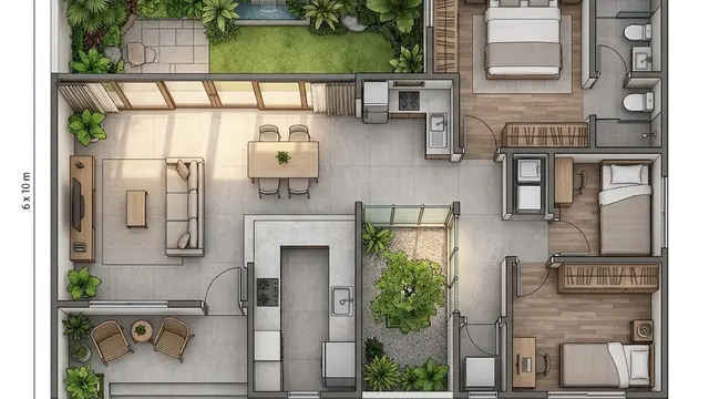 Denah Rumah 6x10 Meter dengan 3 Kamar Tidur dan Taman