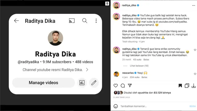 YouTube Raditya Dika Kembali Setelah Sempat Di-hack, Hilang 15 Ribu Subscribers dan Seluruh Membership